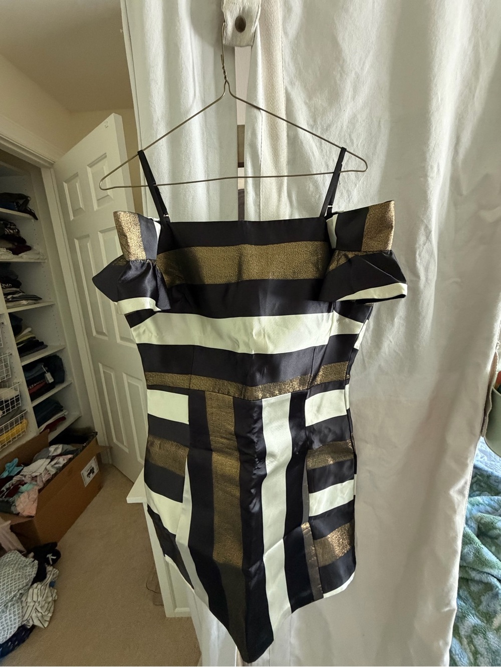 Ark & Co Black, White and Gold Striped Off-Shoulder Mini Dress